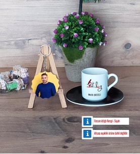Patolog Türk Kahvesi Fincanı Ahşap Altlıklı ve Fotoğraflı Ahşap Anahtarlık Hediye (Model 7)