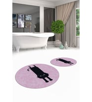 EVDEYA Dijital Yıkanabilir Sevimli Kedi İkili Banyo Halısı Paspas Yuvarlak Klozet Takımı, YKLOZET-39-GRİ, (Pembe)
