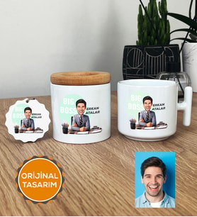 Kişiye Özel Karikatürlü Patron Hediye Seti T Kupa, Kalemlik, Anahtarlık Big Boss Patrona Doğum Günü Hediyesi (Beyaz)