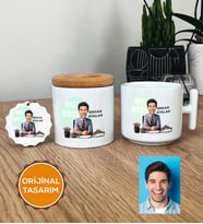 Kişiye Özel Karikatürlü Patron Hediye Seti T Kupa, Kalemlik, Anahtarlık Big Boss Patrona Doğum Günü Hediyesi (Beyaz)