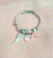 kadın baykuş figürlü çelik pandora (Pembe)