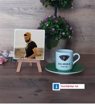 Özel Güvenlik Görevlisi Fotoğraflı Dekoratif Taş, Ahşap Altlıklı Türk Kahvesi Fincanı Hediye (Model 9)
