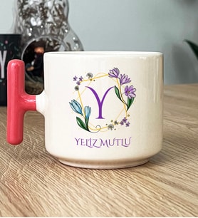 Kişiye Özel Çiçekli Y Harfli Hediye T Kupa Bardak İsim Soyisim Yazılı (Pembe)