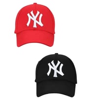 Unisex Ny Nakışlı Mavi Kep Şapka 2'li Set (Kırmızı-Siyah)