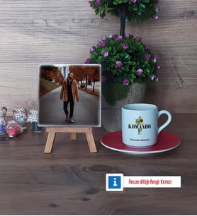 Komando Fotoğraflı Dekoratif Taş, Ahşap Altlıklı Türk Kahvesi Fincanı Hediye (Model 3)