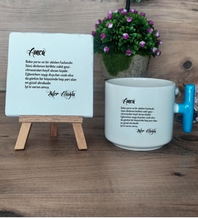 Amca Hediye Seti Kupa Bardak T Kulplu ve Dekoratif Taş Amcaya Doğum Günü Hediyesi (Model 3)