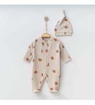 BabyŞen Yaprak Desenli Kız & Erkek Bebek Zıbın, Tulum, Body %100 Organik Pamuk 0/3 - 3/6 Ay (Krem)