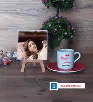 Öğretmene Hediye Fotoğraflı Dekoratif Taş, Ahşap Altlıklı Türk Kahvesi Fincanı Hediye Öğretmenler Günü Hediyesi (Model 3)