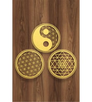 UNT Yin Yang, Yaşam Çiçeğ ve Sri Yantra 3'lü Set Duvar Dekoru Tablo Seti (Gold)