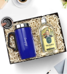 Kişiye Özel Özel Kulplu 280 ML Çelik Termos & Eyüp Sabri Tuncer Tıraş Kolonyası Hediye Seti (Mavi)