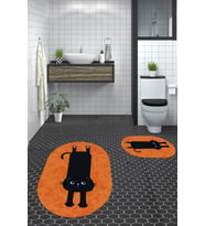 EVDEYA Dijital Baskılı Yıkanabilir Sevimli Kedi İkili Banyo Halısı Paspas Oval Klozet Takımı, OKLOZET-39-GRİ, (Turuncu)