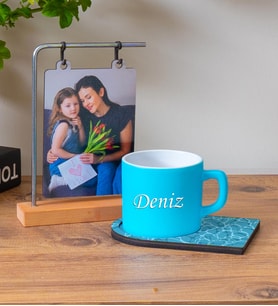 Ahşap Standlı Fotoğraflı Çerçeve & Kişiye Özel Ahşap Sunumlu Çay & Nescafe Fincanı (Açık Mavi)