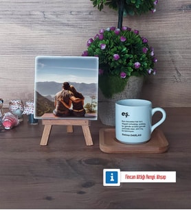 Eşe Hediye Fotoğraflı Dekoratif Taş, Ahşap Altlıklı Türk Kahvesi Fincanı Hediye (Model 1)