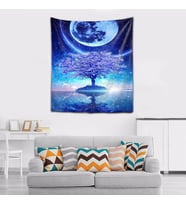 Hayat Ağacı Yıldızlar Ay Yıkanabilir Leke Tutmaz Kumaş Duvar Örtüsü Duvar Halısı Tapestry (Mavi)