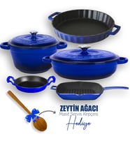 Lava Döküm 5X New Heritage Serisi Döküm Demir Tencere & Tava Seti (Mavi)
