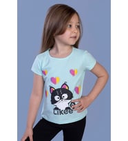 Toontoy Kız Çocuk Likee Kedi Baskılı Tişört (Mint Yeşili)