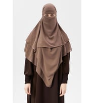 Hazır Pratik Şifon Üç Katlı Peçeli Üçgen Hac Umre Şalı Sufle Hijab Nikap (Koyu Vizon)