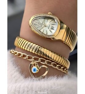 Yılan Saat Sarı Gold Çelik Kordon Kadın Kol Saati, Şık Hediye Paketinde + Kalp Bileklik (Gold)