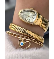 Yılan Saat Sarı Gold Çelik Kordon Kadın Kol Saati, Şık Hediye Paketinde + Kalp Bileklik (Gold)