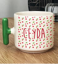 Kişiye Özel İsim Yazılı Hediye T Kupa Bardak Kiraz Desenli Meyveli (Yeşil)
