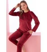 Luxury Velvet Fransız Kadife Yazı Detaylı Pijama Takımı (Bordo)
