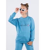 Bisiklet Yaka Kanguru Cepli Baskılı Kız Çocuk Sweat (Mavi)