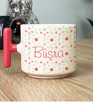 Kişiye Özel İsim Yazılı Hediye T Kupa Bardak Çiçek Desenli -5- (Pembe)