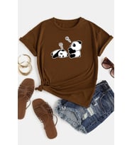Unisex Uykucu Panda Baskılı Tasarım Tshirt (Kahverengi)