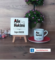 Aile Hekimi Dekoratif Taş, Türk Kahvesi Fincanı Kırmızı İsme Özel Hediye (Model 1)