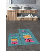 EVDEYA Baskılı Yıkanabilir Renkli Kediler Desenli İkili Banyo Halısı Klozet Takımı, KLOZET-41-GRİ, (Mavi)