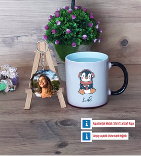 Tatlı Penguen Kupa Bardak Beyaz ve Fotoğraflı Ahşap Anahtarlık Hediye (Model 9)