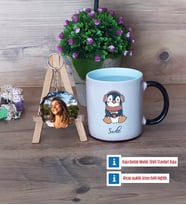 Tatlı Penguen Kupa Bardak Beyaz ve Fotoğraflı Ahşap Anahtarlık Hediye (Model 9)