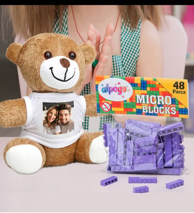 Kişiye Özel Peluş Ayıcık Ve Renkli Micro Blocks Lego (Mor)