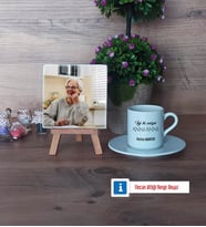 Anneanneye Hediye Fotoğraflı Dekoratif Taş, Ahşap Altlıklı Türk Kahvesi Fincanı Hediye (Model 2)