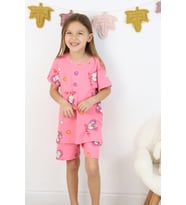 Kız Çocuk Pamuklu Penye Kumaş Baskılı Şortlu Pijama Takımı (Pembe)