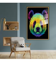 Metal Çerçeveli Temperli Cam Tablo  Neon Renkli Panda (Gold)