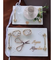 Adore Gold Beyaz İncili Söz Tepsisi Nişan Tepsisi ve Damat Kahve Fincan Tepsisi (Kırmızı)