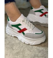 Günlük Kadın Sneaker Yüksek Taban Bağcıklı Tiger Şeritli Spor Ayakkabı 032 (Kırmızı-Yeşil)