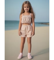 Kız Bebek Düz Renk Crop Şort Set (Bej)