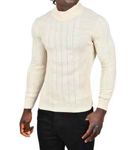 DeepSEA Erkek  Yarım Balıkçı Yaka Çizgili Tüylenmeyen Slim Fit Triko Kazak 2505491 (Bej)