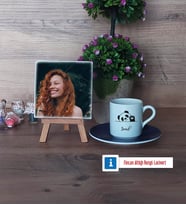 Sevimli Panda Fotoğraflı Dekoratif Taş, Ahşap Altlıklı Türk Kahvesi Fincanı Hediye (Model 4)