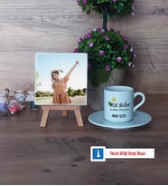 Resim Öğretmeni Fotoğraflı Dekoratif Taş, Ahşap Altlıklı Türk Kahvesi Fincanı Hediye (Model 2)