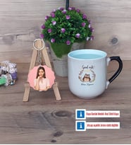Baykuş Kupa Bardak Beyaz ve Fotoğraflı Ahşap Anahtarlık Hediye (Model 10)
