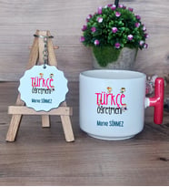 Türkçe Öğretmeni Hediye Seti Kupa Bardak T Kulplu ve Anahtarlık Öğretmenler Günü Hediyesi (Model 1)