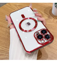 Uyumlu Model Apple iPhone 13 Pro Kılıf Magsafe Kamera Lensli Korumalı Şeffaf Silikon Kapak (Kırmızı)