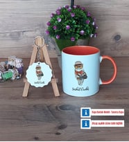 Baykuş Kupa Bardak Kırmızı ve Ahşap Anahtarlık Hediye (Model 12)