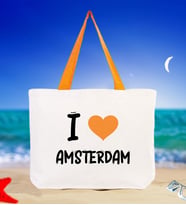 BK Gift I Love Amsterdam Renkli Kulp Kanvas Plaj Çantası 48x40m, Baskılı Omuz Çantası, Alışveriş Çantası (Turuncu)