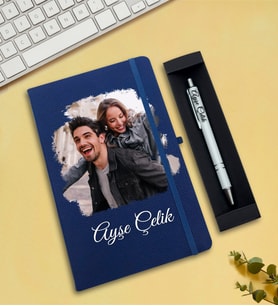Kişiye Özel Fotoğraflı Defter & Kalem Hediye Seti (Mavi)