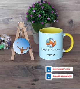 Voleybol Antrenörü Kupa Bardak Beyaz ve Fotoğraflı Ahşap Anahtarlık Hediye (Model 7)