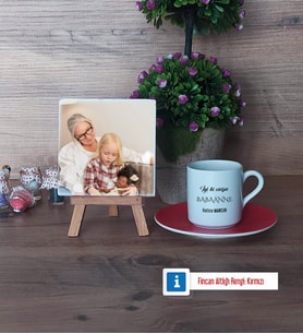 Babaanneye Hediye Fotoğraflı Dekoratif Taş, Ahşap Altlıklı Türk Kahvesi Fincanı Hediye (Model 3)
